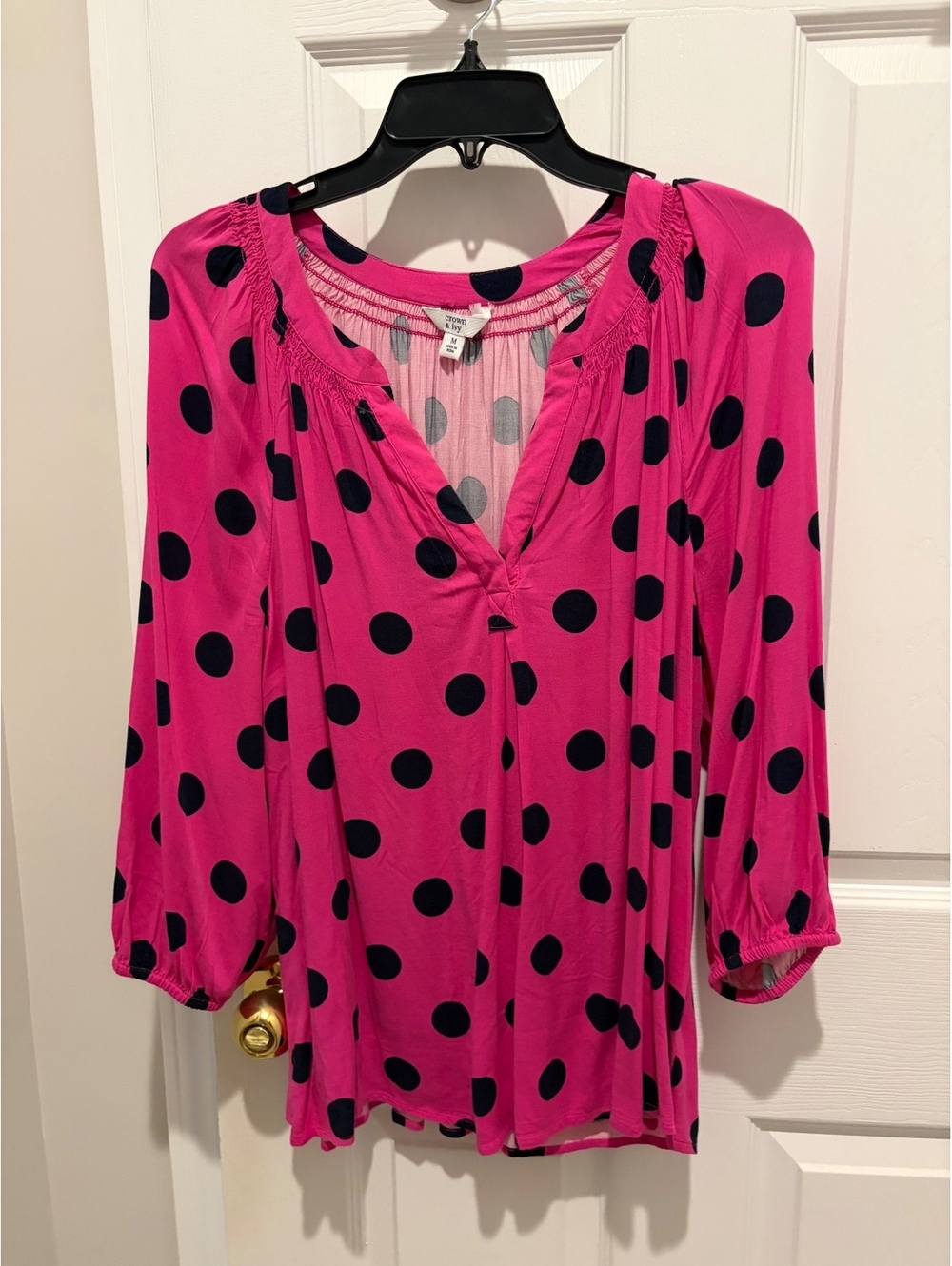 Crown & Ivy Hot pink black polka dot blouse - M
